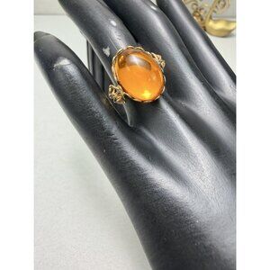 Stunning Vintage Lucite Cabochon Ring Amber Orange Adjustable Size 6
